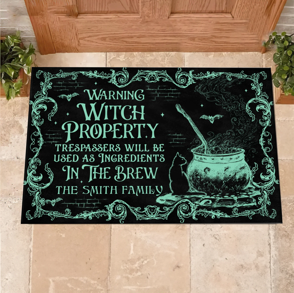 Personalized Witch Doormat - Halloween Gift Idea For Family - Warning Witch Property Trespassers Will Be Used As Ingredients In The Brew