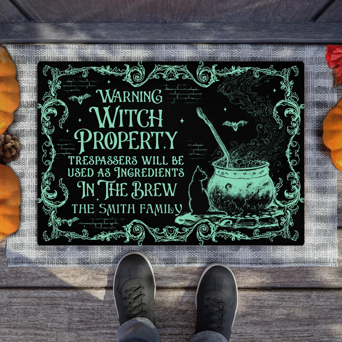Personalized Witch Doormat - Halloween Gift Idea For Family - Warning Witch Property Trespassers Will Be Used As Ingredients In The Brew