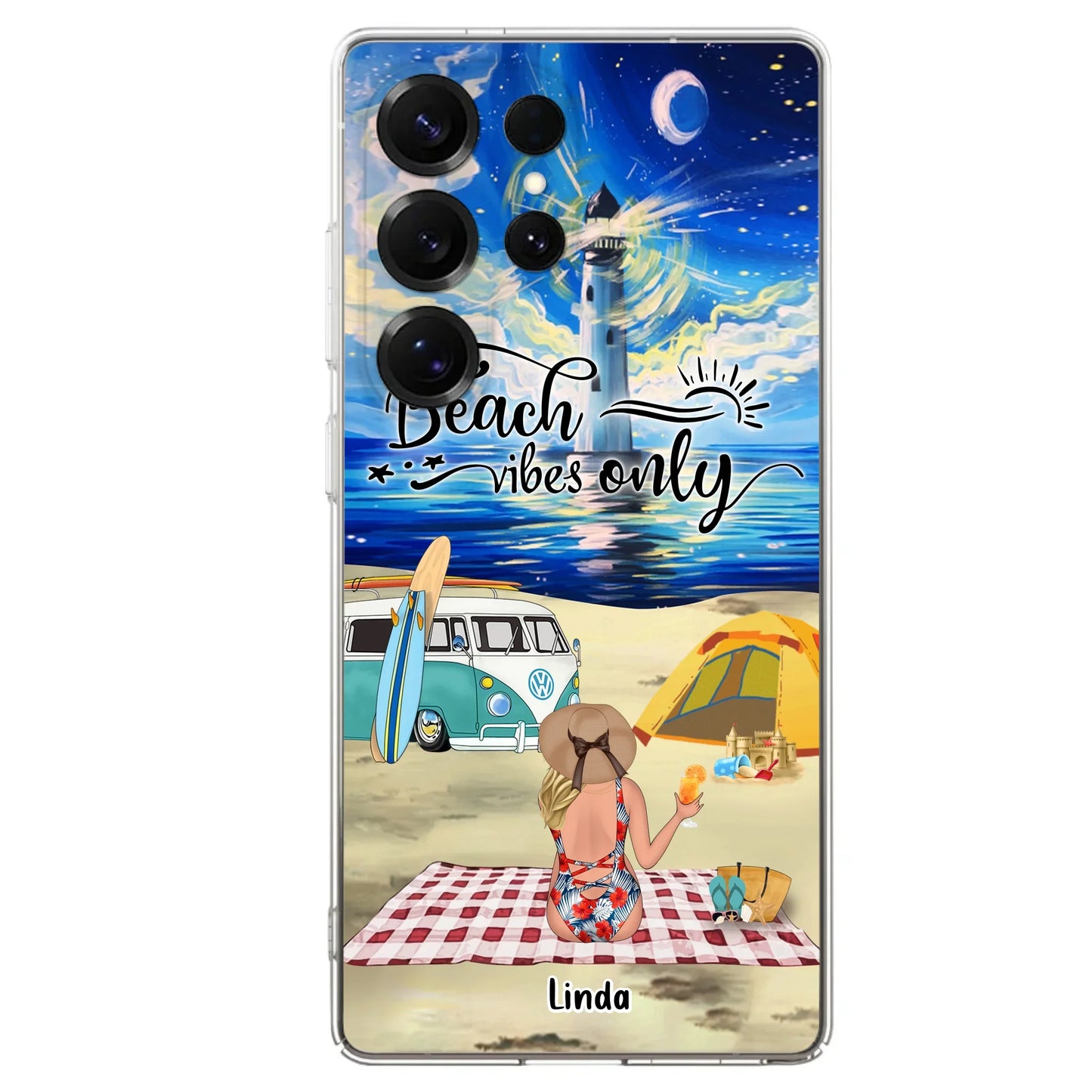 Custom Personalized Camping Beach Phone Case - Upto 4 People - Best Gift For Camping/Couple Lover - The Beach Is Our Happy Place - Case For iPhone And Samsung