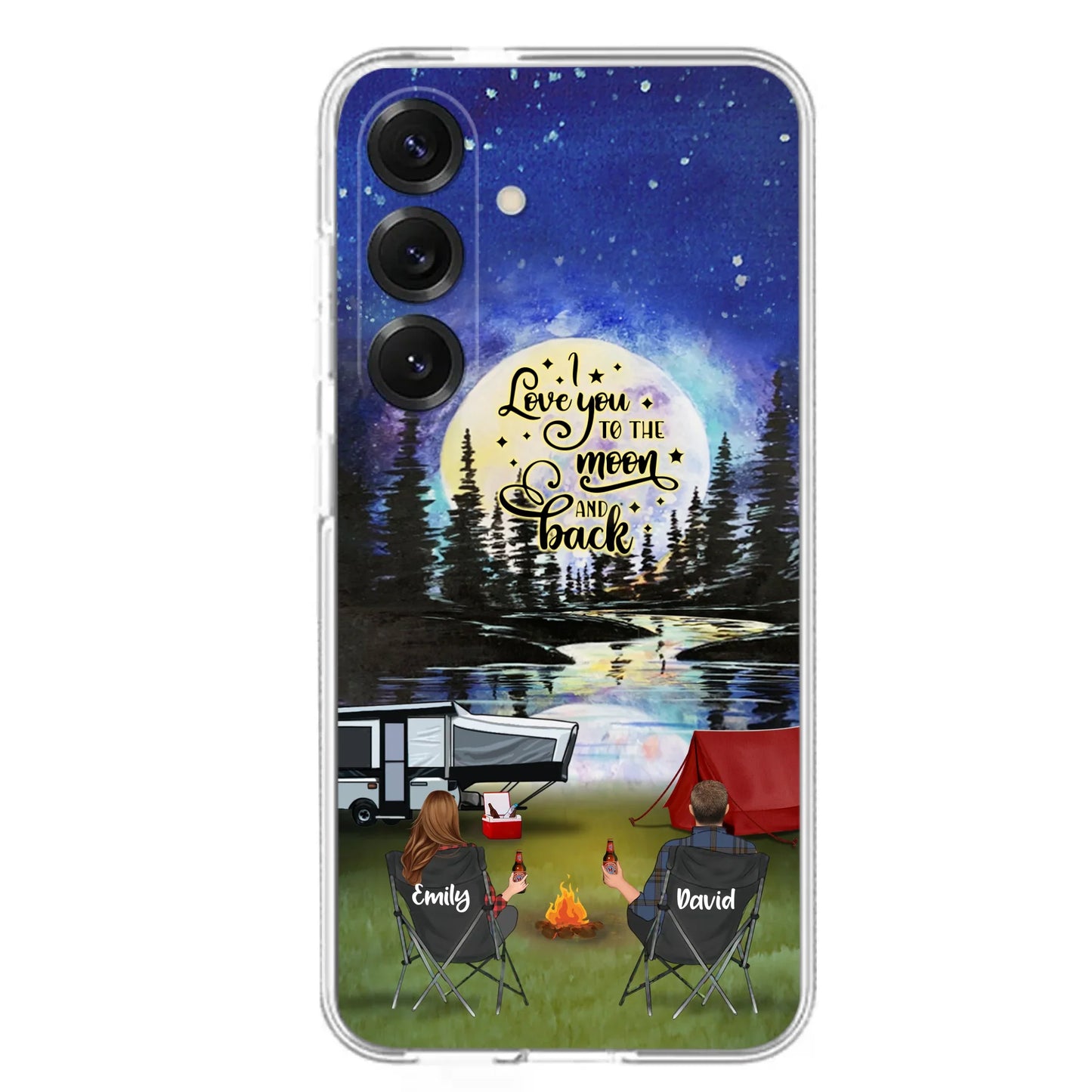 Custom Personalized Camping Moon Phone Case - Couple/ Parents With Upto 3 Kids And 4 Pets - Gift Idea For Camping Lover - I Love You To The Moon And Back - Case For iPhone And Samsung