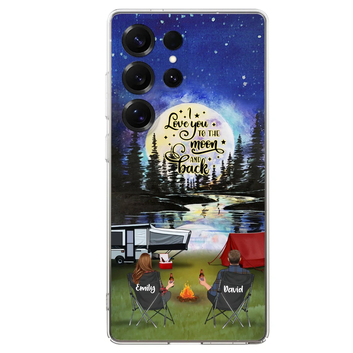 Custom Personalized Camping Moon Phone Case - Couple/ Parents With Upto 3 Kids And 4 Pets - Gift Idea For Camping Lover - I Love You To The Moon And Back - Case For iPhone And Samsung