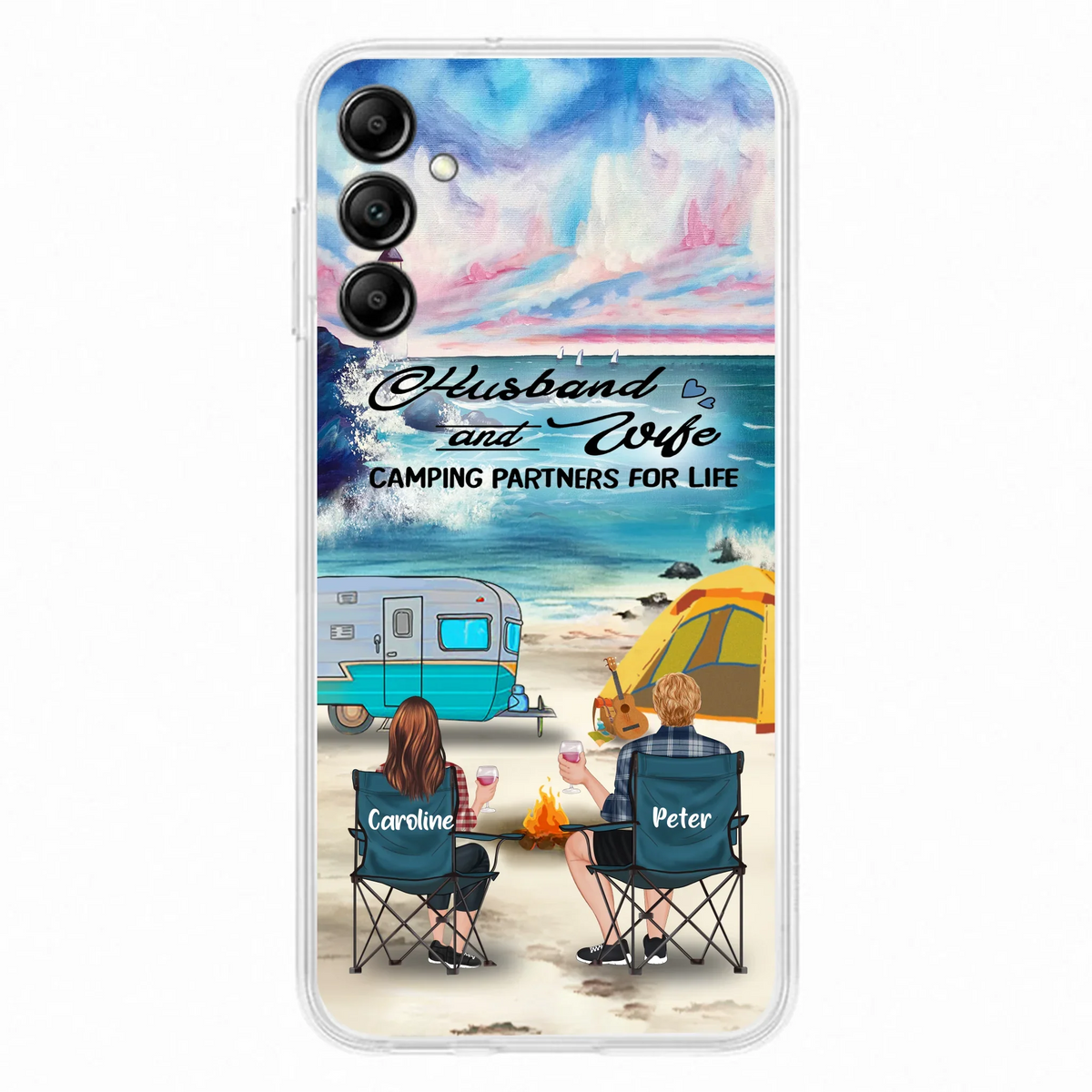 Custom Personalized Beach Camping Phone Case - Couple/ Parents With Upto 3 Kids And 3 Pets - Gift Idea For Camping Lover - Case For iPhone And Samsung