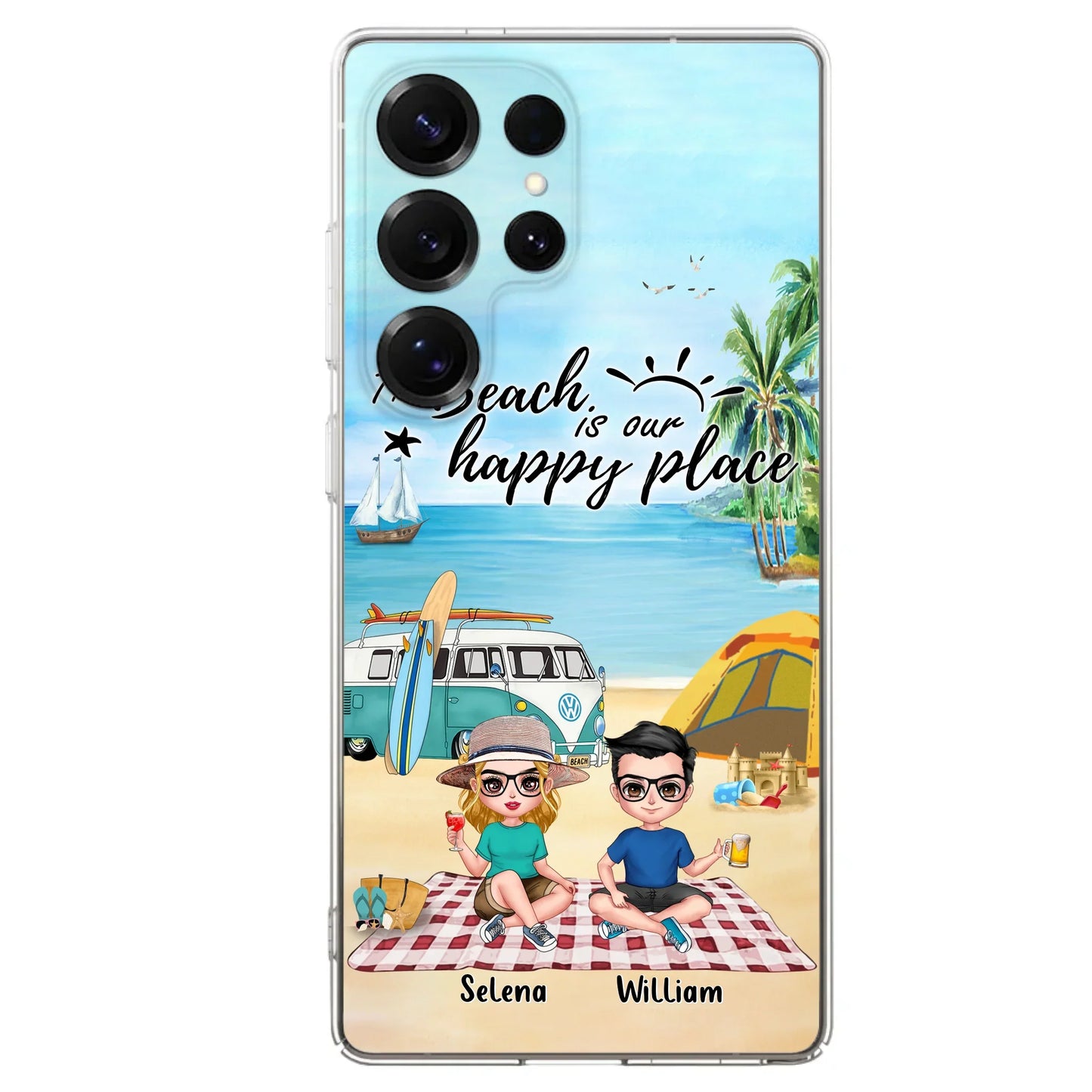 Custom Personalized Summer Beach Picnic Camping Phone Case - Upto 5 People - Gift Idea For Camping Couple/ Friends - The Beach Is Our Happy Place - Case For iPhone And Samsung