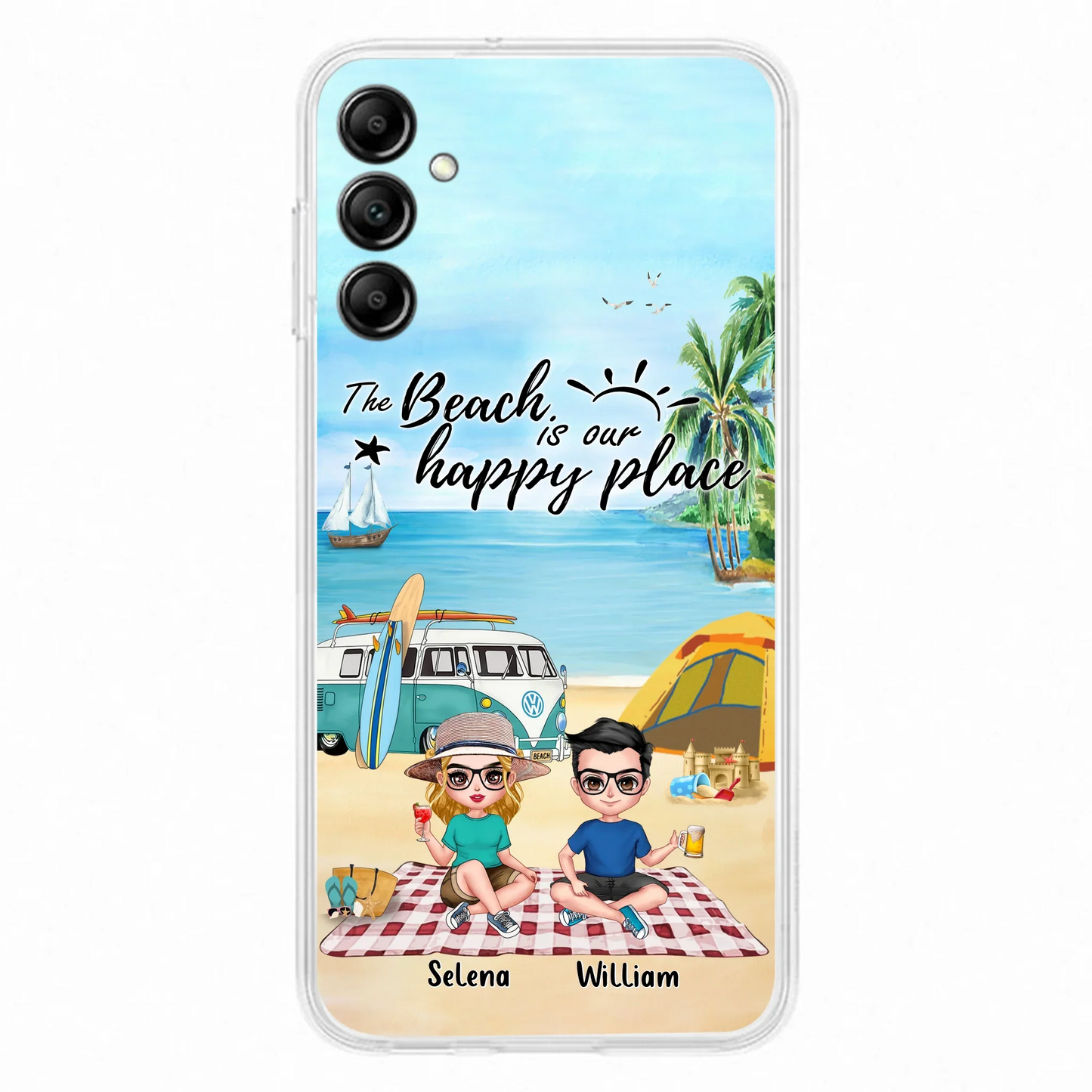 Custom Personalized Summer Beach Picnic Camping Phone Case - Upto 5 People - Gift Idea For Camping Couple/ Friends - The Beach Is Our Happy Place - Case For iPhone And Samsung