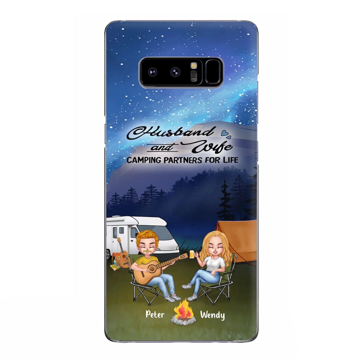 Custom Personalized Guitar Camping Phone Case for iPhone and Samsung - Gift For Camping Lovers, Dog Lovers with up to 2 Dogs - Husband and Wife Camping Partners For Life