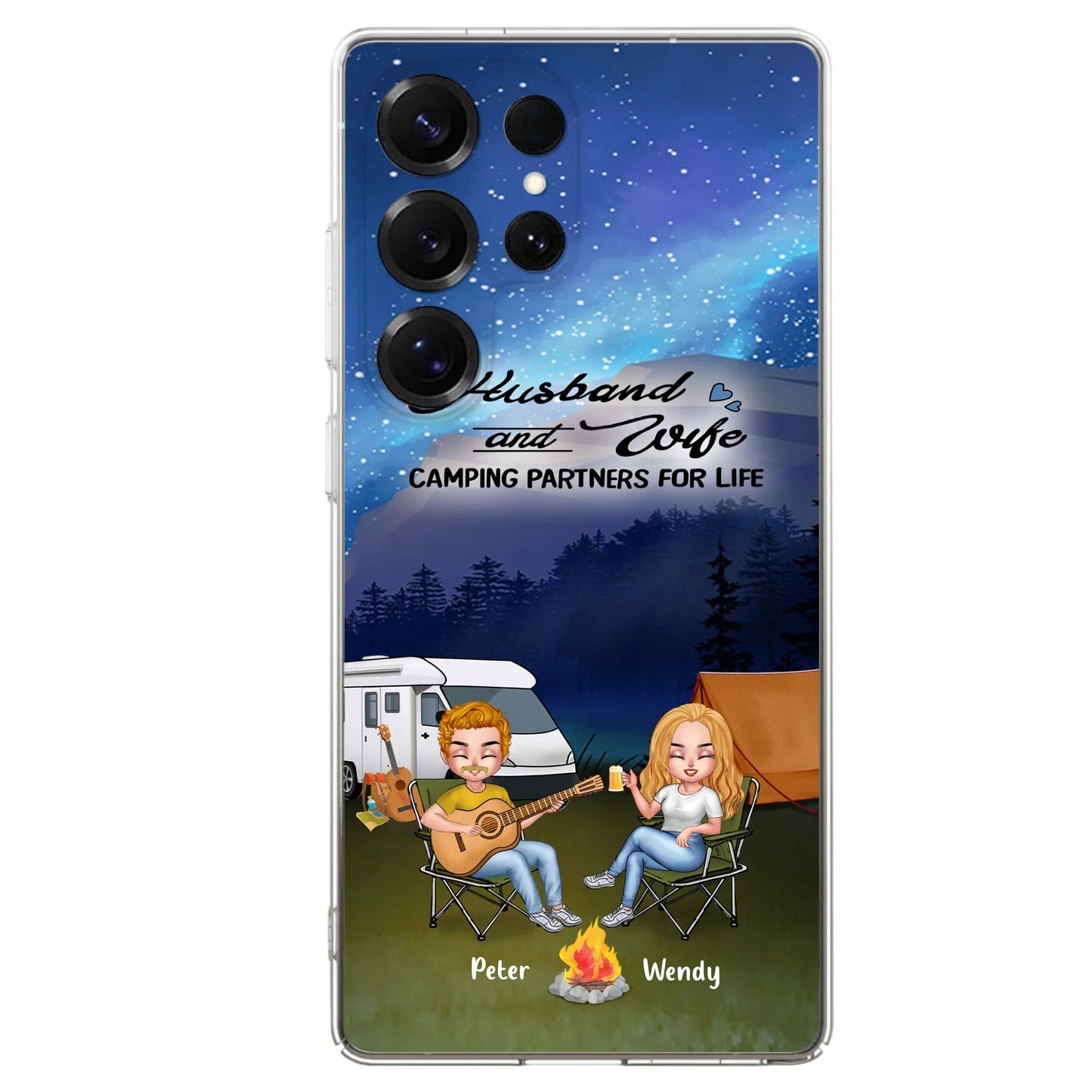 Custom Personalized Guitar Camping Phone Case for iPhone and Samsung - Gift For Camping Lovers, Dog Lovers with up to 2 Dogs - Husband and Wife Camping Partners For Life