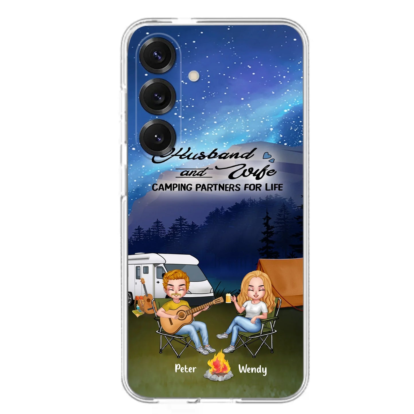 Custom Personalized Guitar Camping Phone Case for iPhone and Samsung - Gift For Camping Lovers, Dog Lovers with up to 2 Dogs - Husband and Wife Camping Partners For Life