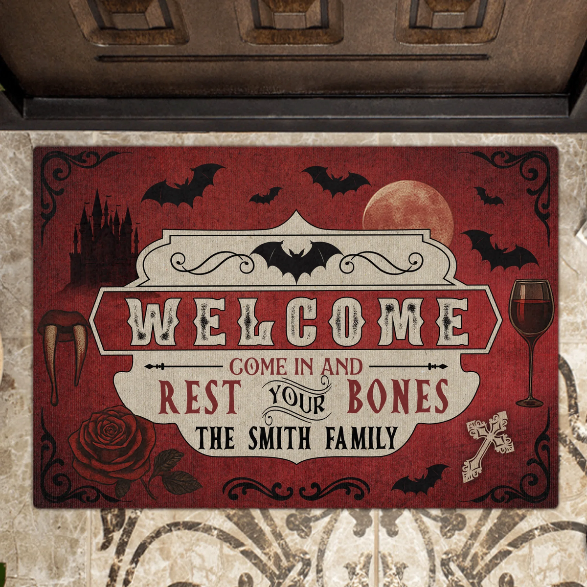 Personalized Horror Doormat - Halloween Gift Idea For Family - Welcome Come In And Rest Your Bones