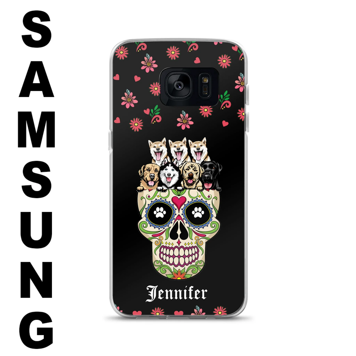 Custom Personalized Sugar Skull Pets Phone Case - Gift for Dog/Cat Lovers - Up to 7 Pets