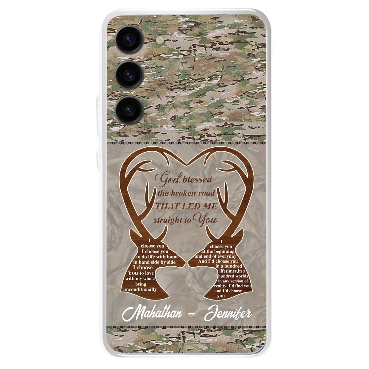 Custom Personalized Deer Hunting Heart Phone Case - Gift Idea For Couple - God Blessed The Broken Road That Led Me Straight To You - Case For iPhone And Samsung