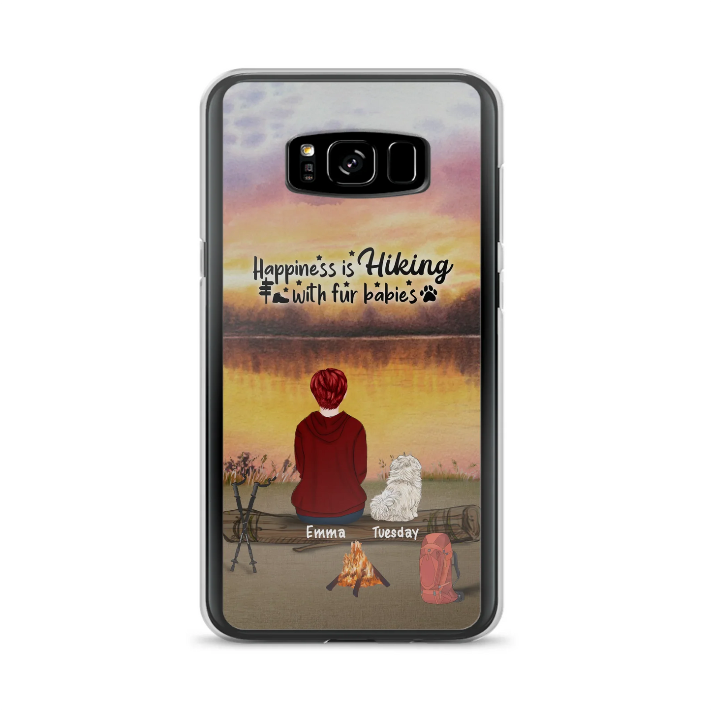 Custom Personalized Hiking Phone Case - Man/ Woman/ Couple With Upto 4 Pets - Gift For Cat/ Dog Lover - Happiness Is Hiking With Fur Babies - Case For iPhone And Samsung
