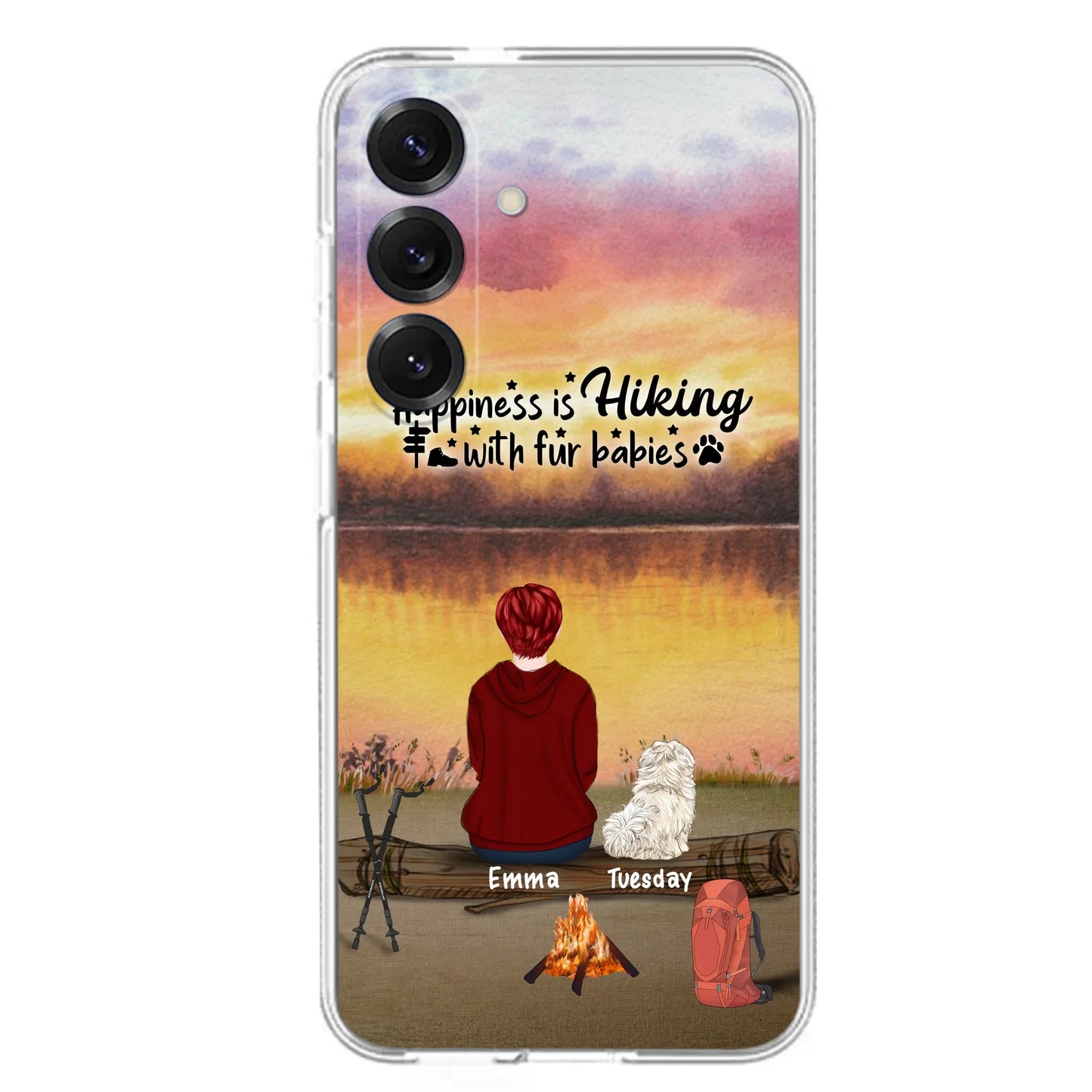 Custom Personalized Hiking Phone Case - Man/ Woman/ Couple With Upto 4 Pets - Gift For Cat/ Dog Lover - Happiness Is Hiking With Fur Babies - Case For iPhone And Samsung