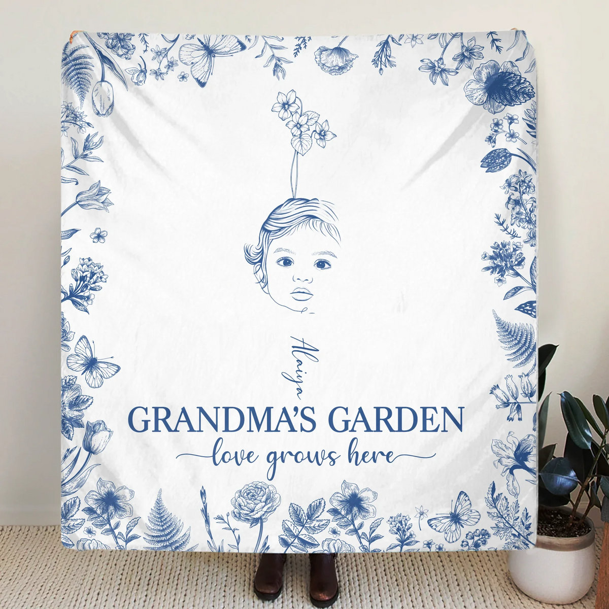 Personalized Grandma's Garden Quilt/Fleece Throw Blanket/Pillow Cover - Custom Side Profile Birthmonth Flower - Up to 6 Kids - Love Grows Here