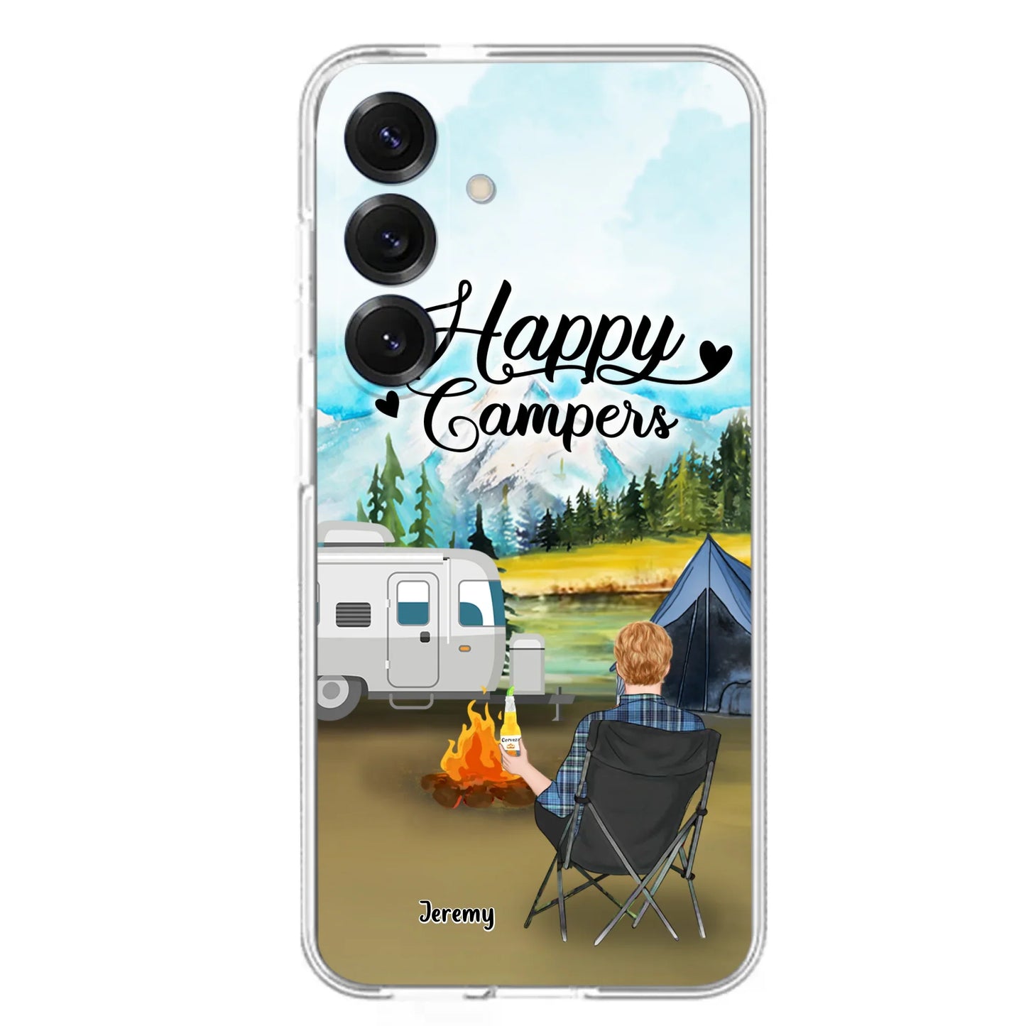 Personalized Camping Phone Case- Single Parent/ Couple With Upto 3 Dogs - Happy Campers - Phone Case For iPhone And Samsung
