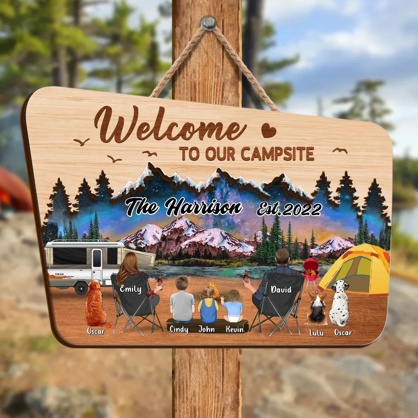 Personalized Camping Wooden Sign - Gift Idea For Camping Lover/Family - Parents/Couple With Up to 3 Kids And 3 Pets - Welcome To Our Campsite