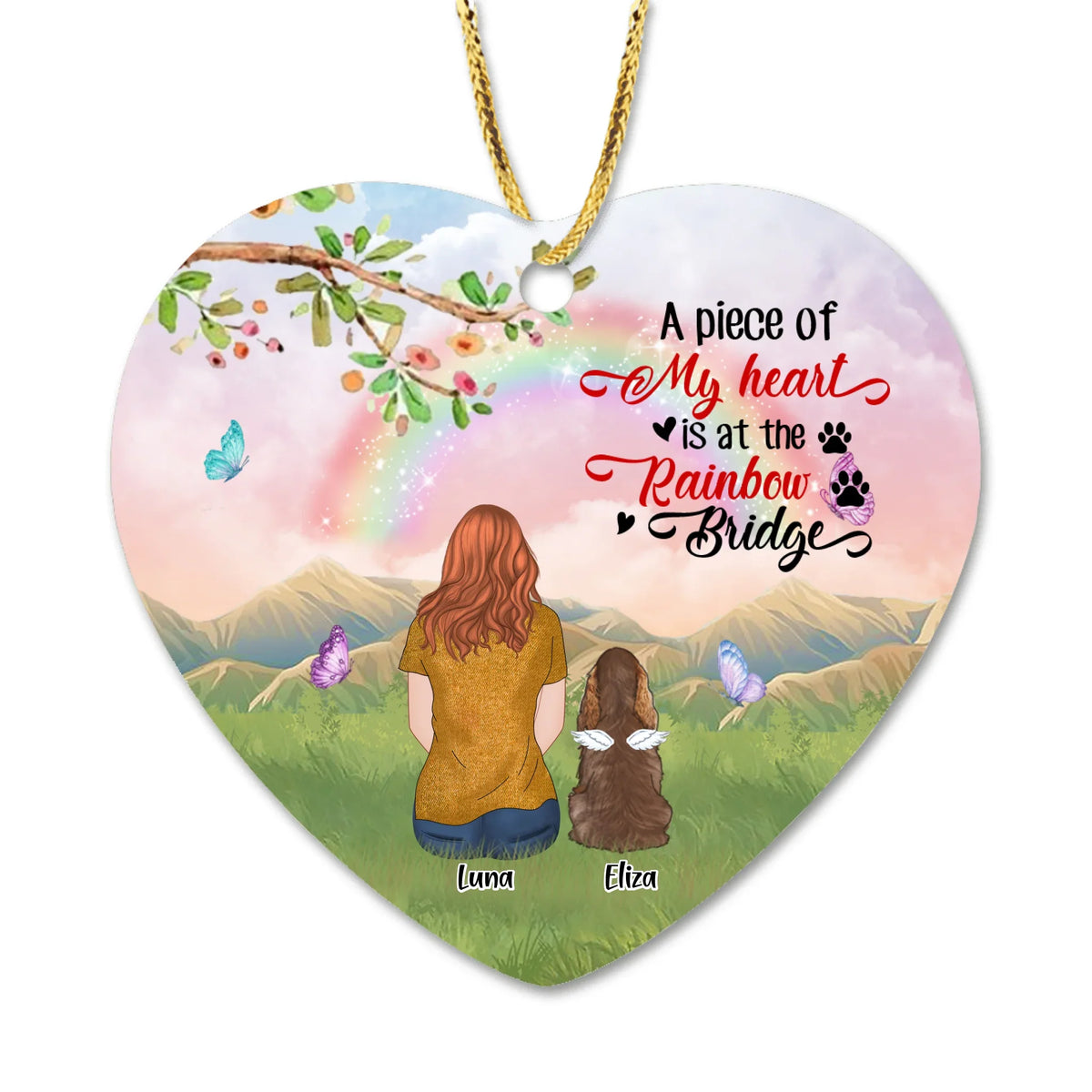Personalized Memorial Rainbow Bridge Pet Mom/Dad Ornament - Man/Woman With Up to 4 Pets - Gift For Dog/Cat Lover - A Piece Of My Heart Is At Rainbow Bridge