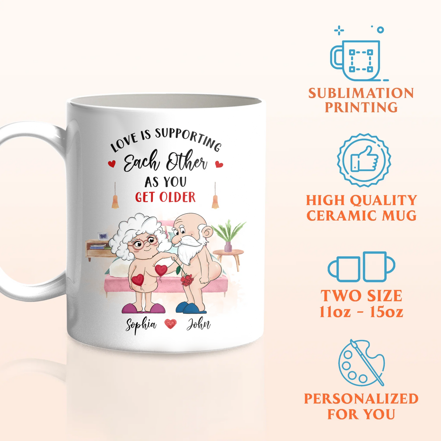 Personalized Funny Old Couple Coffee Mug - Gift Idea For Couple - Love Is Supporting Each Other As You Get Older