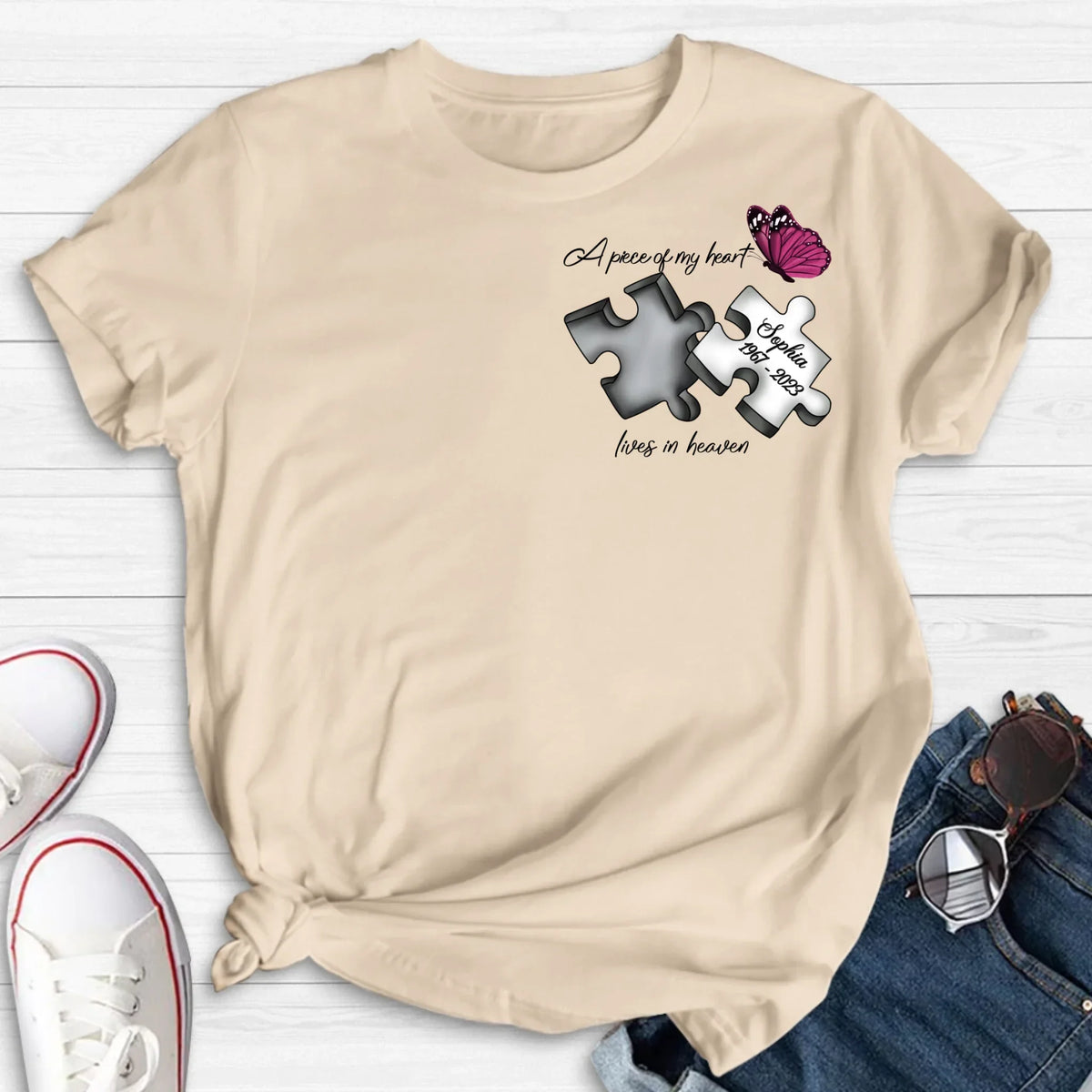 Personalized Memorial Butterfly Shirt/Hoodie - Memorial Gift Idea - A Piece Of My Heart Lives In Heaven