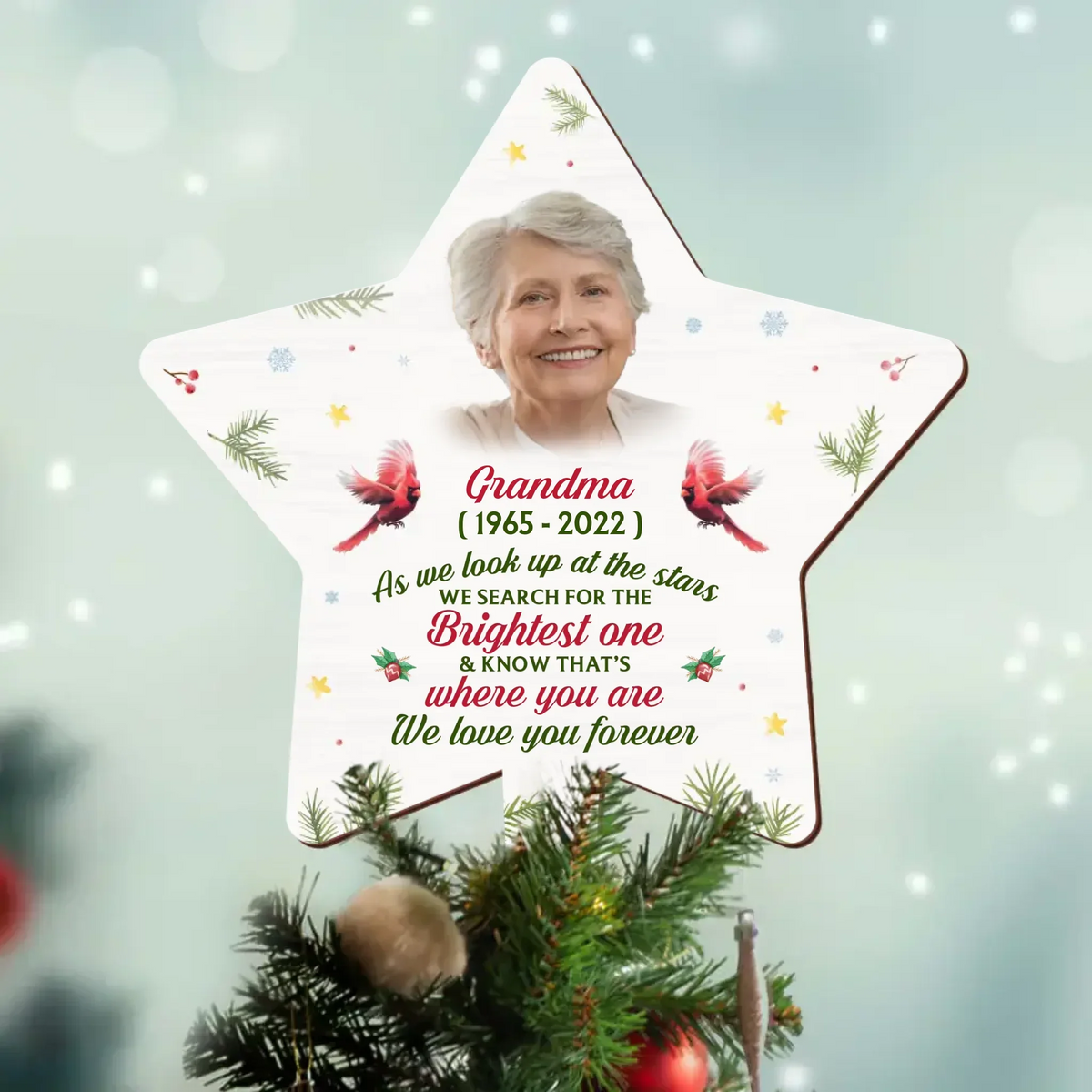 Personalized The Brightest Star Family Loss Tree Topper - Upload Photo - Memorial Gift Idea For Christmas - We Love You Forever