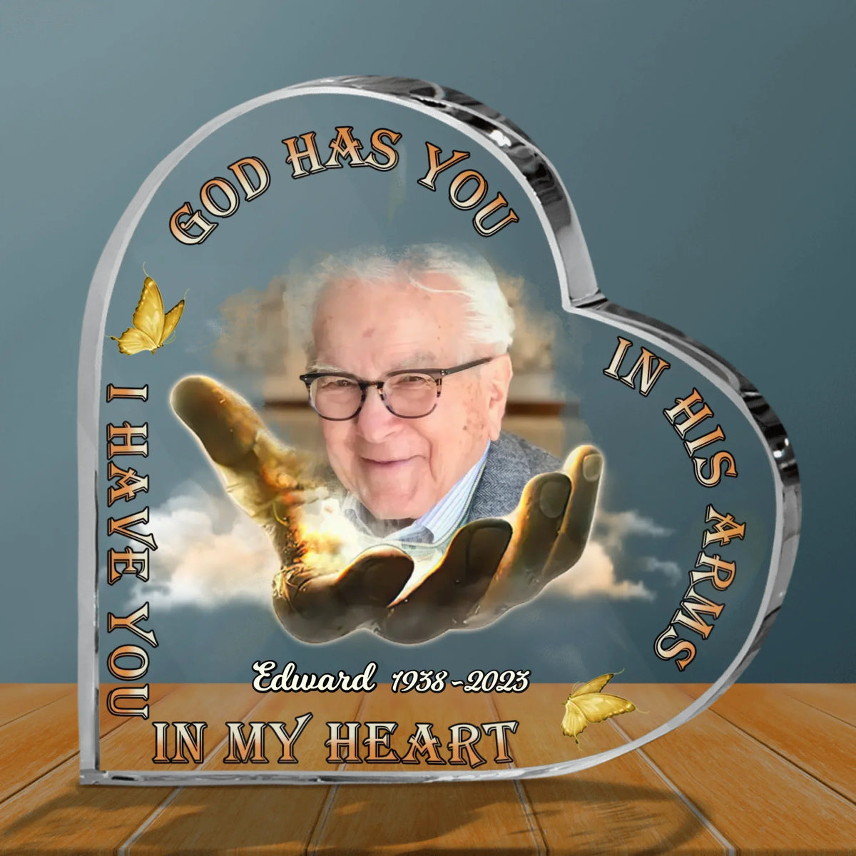 Personalized Memorial Crystal Heart - Upload Photo - Memorial Gift Idea For Family Members - God Has you In His Arms I Have You In My Heart