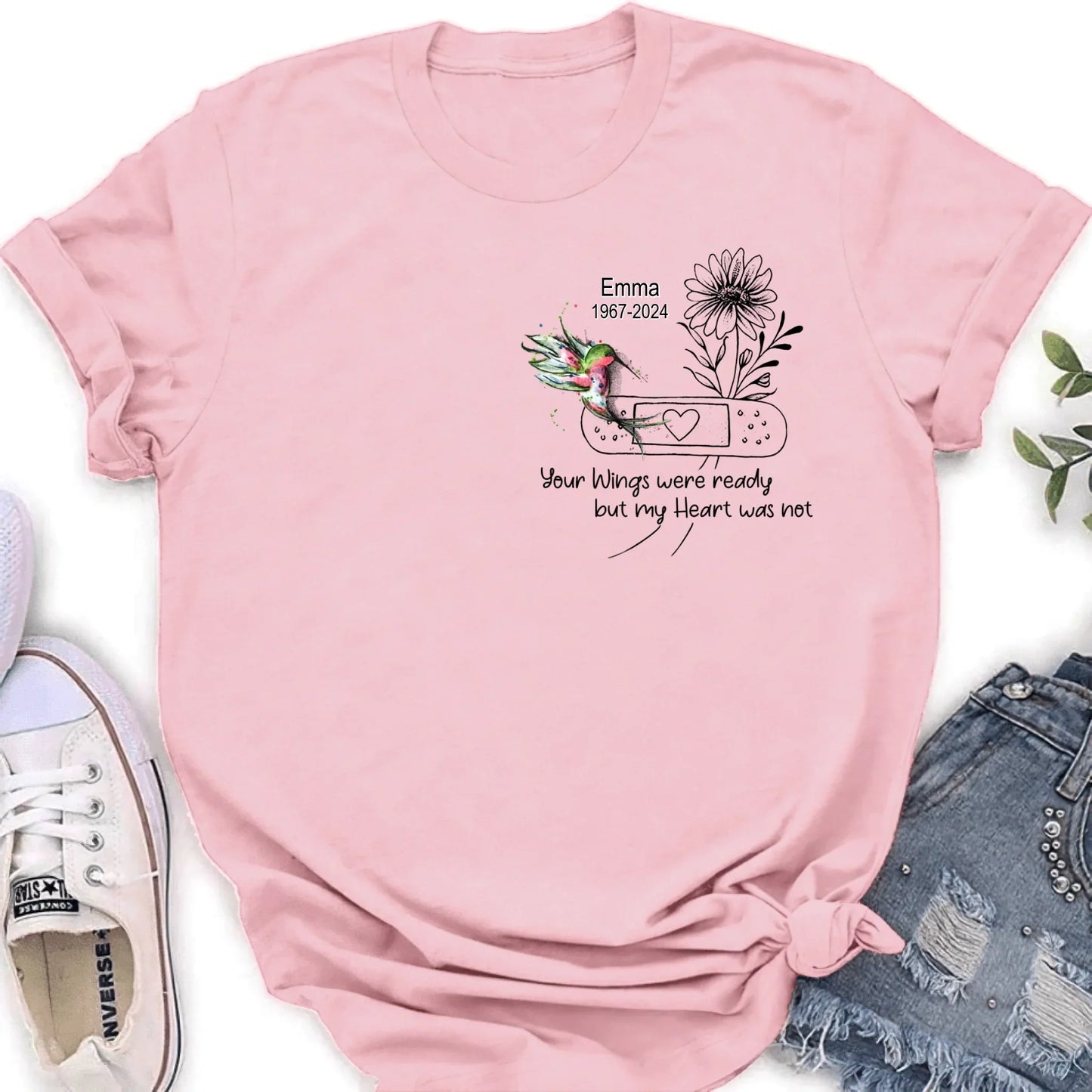 Personalized Memorial Hummingbird Unisex T-shirt/Long Sleeve/Sweatshirt/Hoodie - Memorial Gift Idea - Your Wings Were Ready But My Heart Was Not
