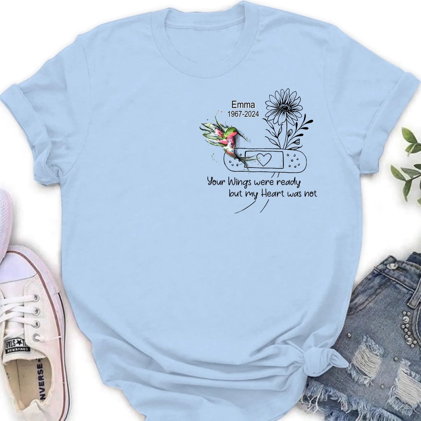 Personalized Memorial Hummingbird Unisex T-shirt/Long Sleeve/Sweatshirt/Hoodie - Memorial Gift Idea - Your Wings Were Ready But My Heart Was Not