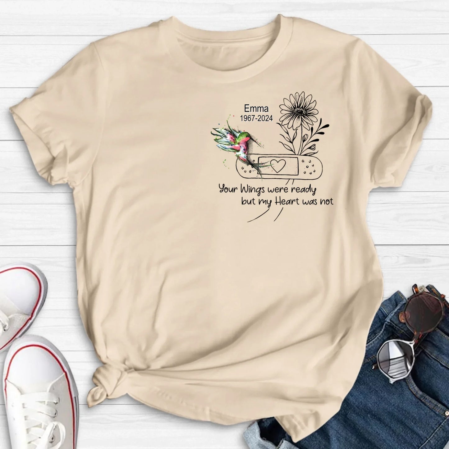Personalized Memorial Hummingbird Unisex T-shirt/Long Sleeve/Sweatshirt/Hoodie - Memorial Gift Idea - Your Wings Were Ready But My Heart Was Not