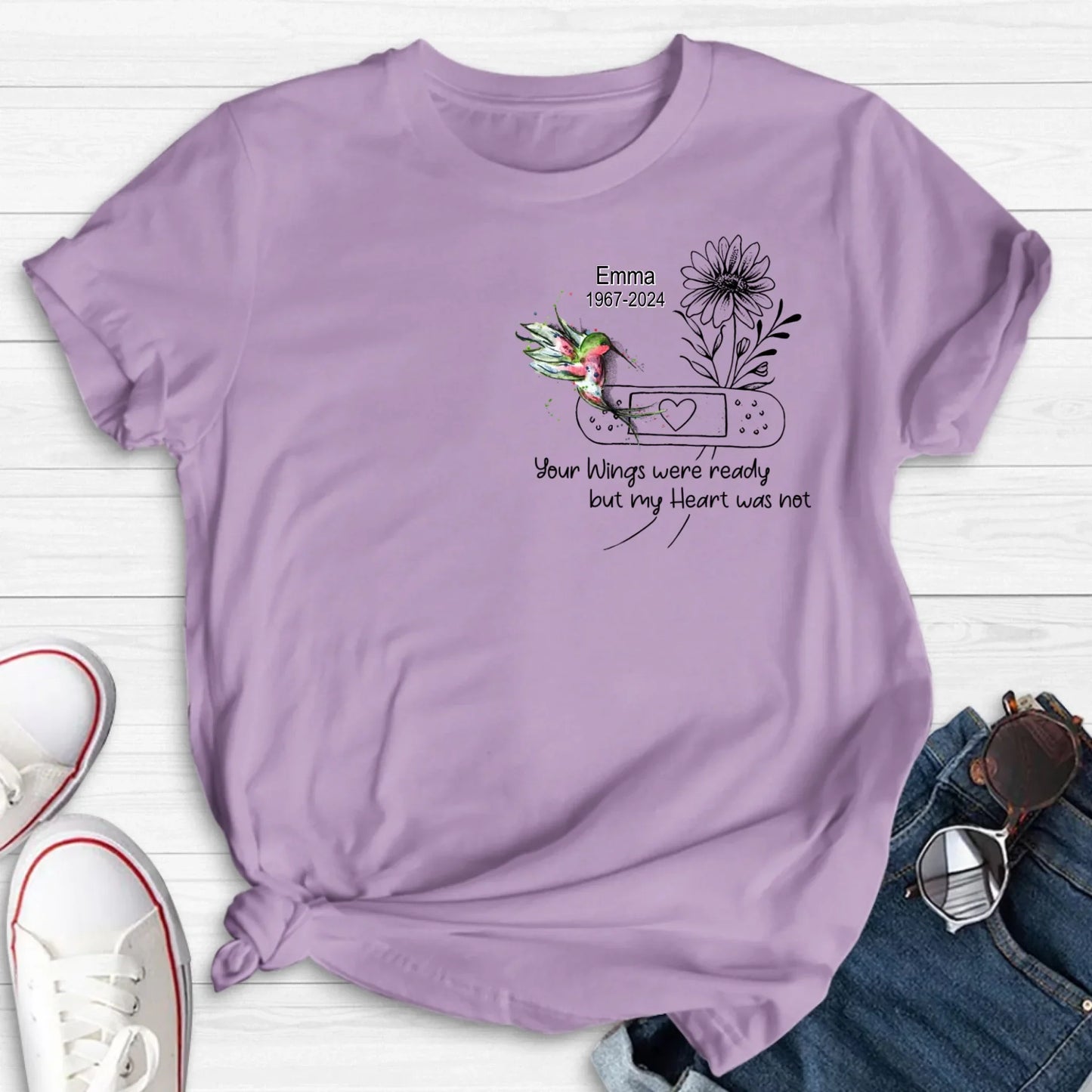 Personalized Memorial Hummingbird Unisex T-shirt/Long Sleeve/Sweatshirt/Hoodie - Memorial Gift Idea - Your Wings Were Ready But My Heart Was Not