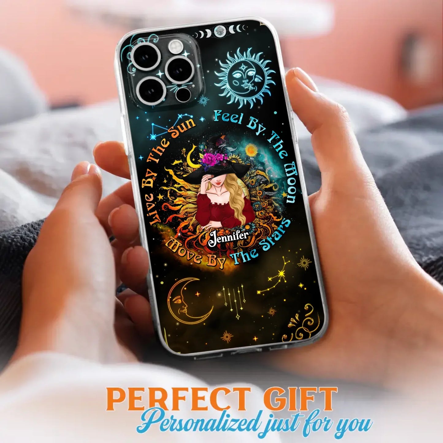 Custom Personalized Witch Phone Case - Gift Idea For Halloween/Witch Lovers - Live By The Sun Feel By The Moon Move By The Stars - Case For iPhone &  Samsung