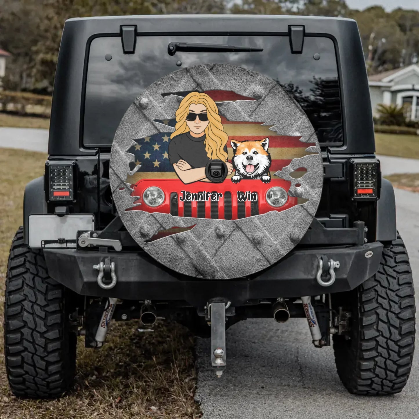 Custom Personalized Off-road Dog Lady Spare Tire Cover - Up to 5 Dogs - Best Gift For Dog Lovers