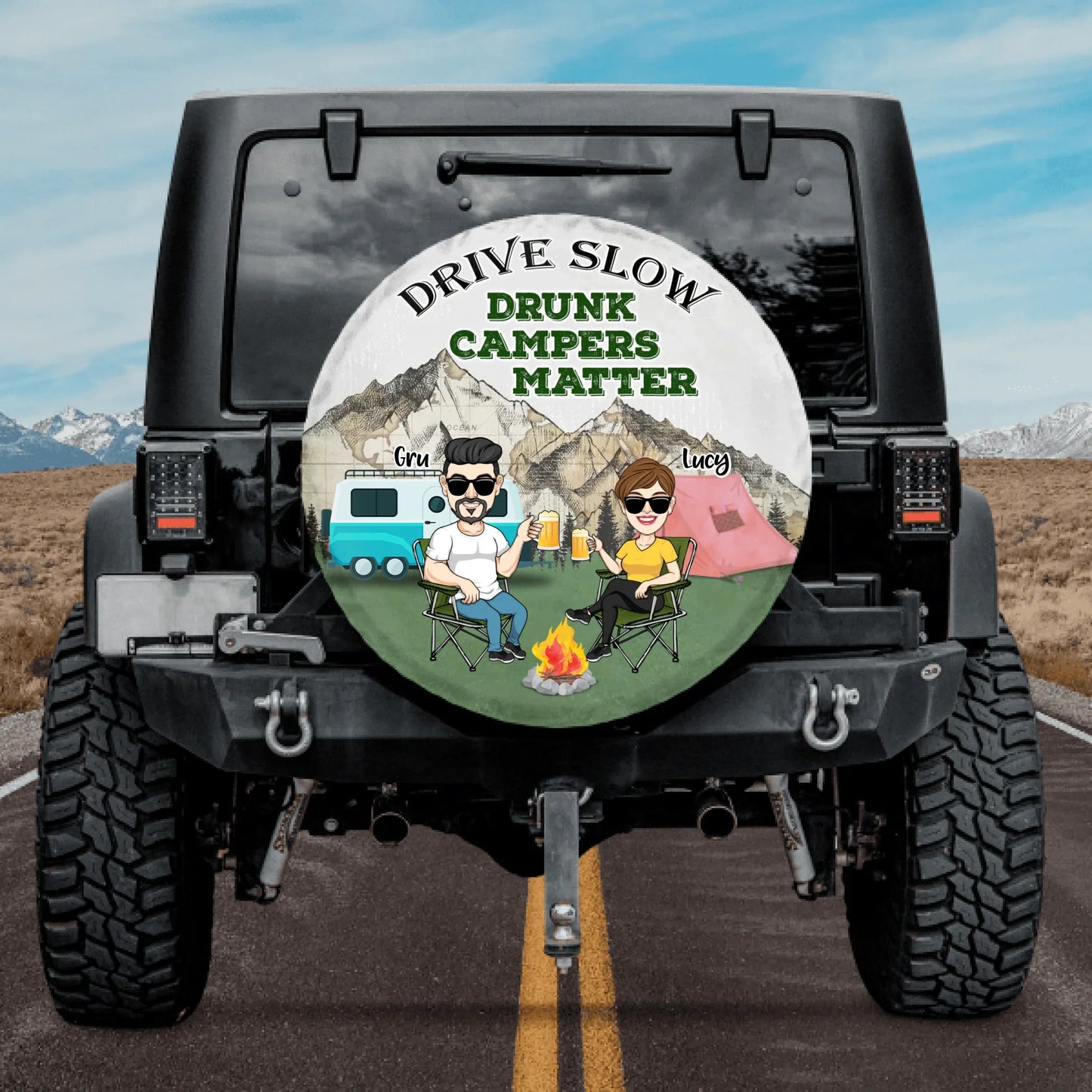 Personalized Camping Couple Spare Tire Cover - Couple With Up to 4 Dogs - Gift Idea For Camping/Dog Lover - Drive Slow Drunk Campers Matter
