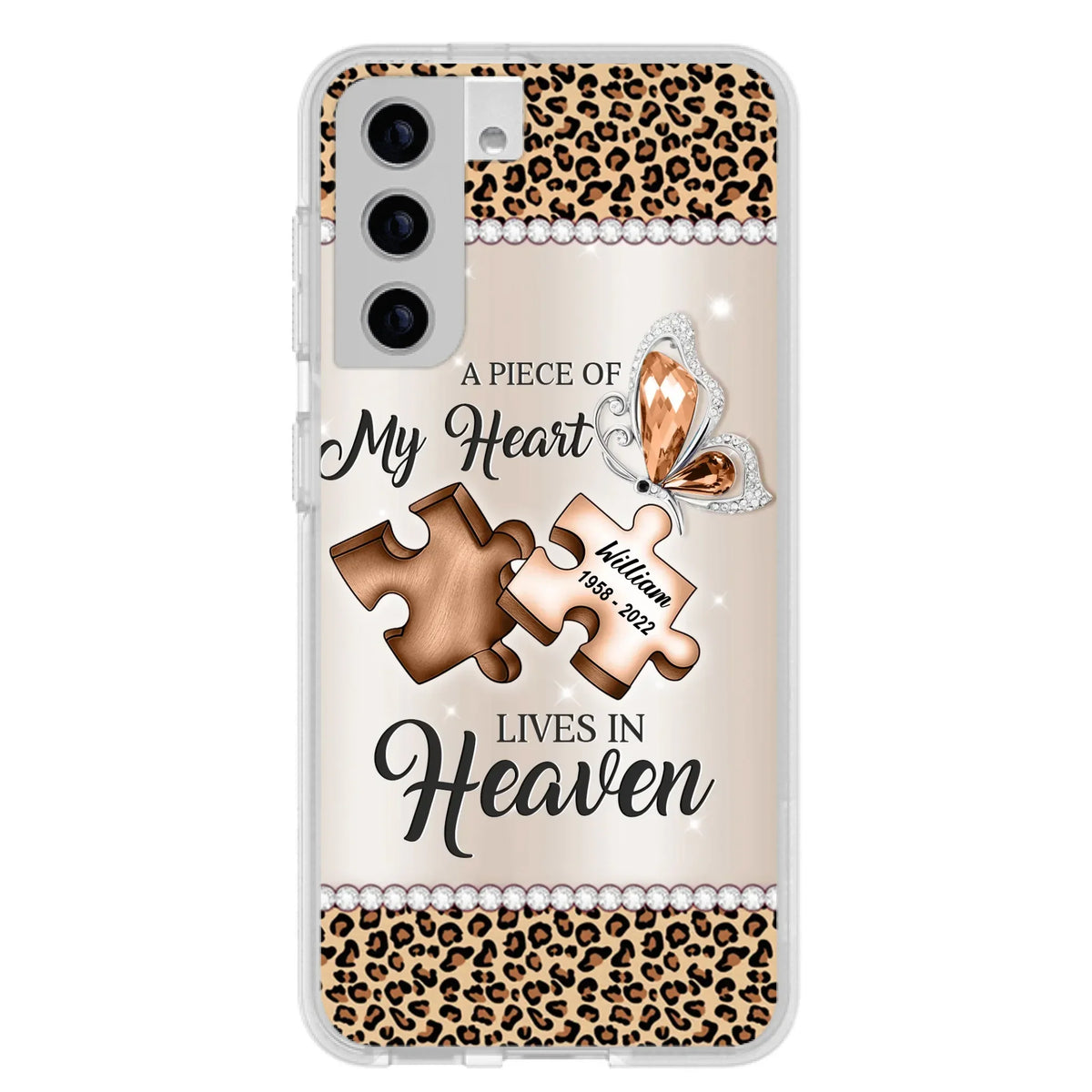 Custom Personalized Memorial Leopard Phone Case - Memorial Gift Idea for Family Member/ Father's Day/ Mother's Day - Case for iPhone/ Samsung - A Piece Of My Heart Lives In Heaven