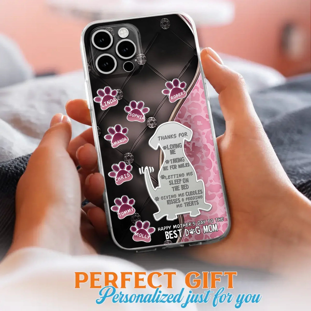 Custom Personalized Memorial Dog Mom Phone Case - Memorial Gift Idea For Dog Lover - Upto 7 Dogs - Thanks For Loving Me - Case For iPhone/Samsung