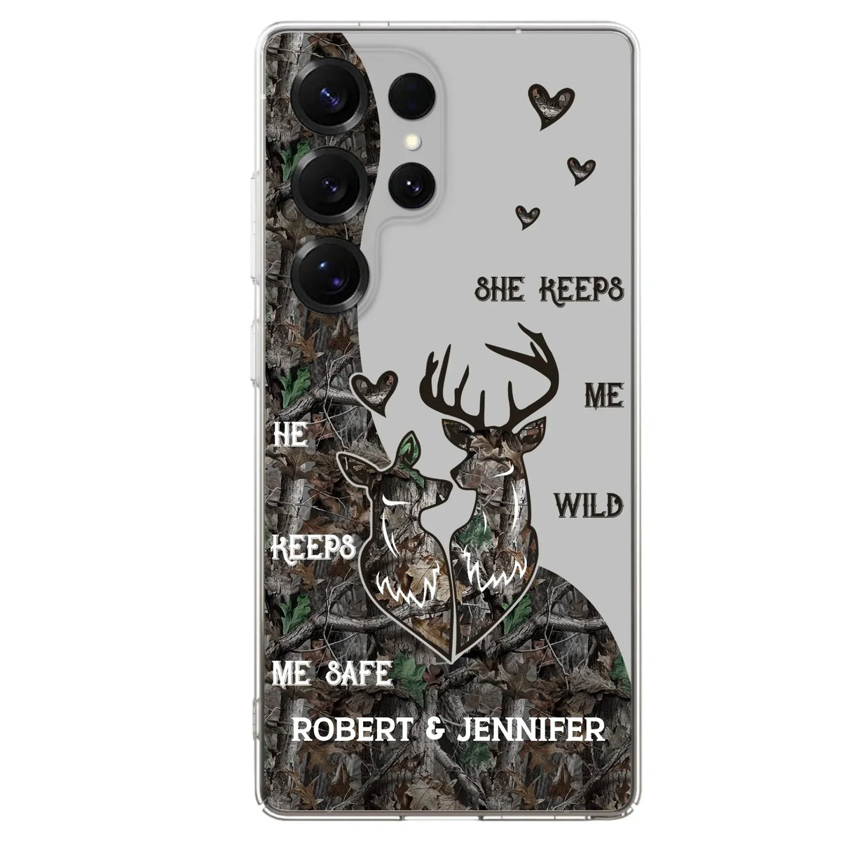 Custom Personalized Deer Couple Phone Case - Gift Idea For Couple - He Keeps Me Safe She Keeps Me Wild - Case For iPhone/Samsung