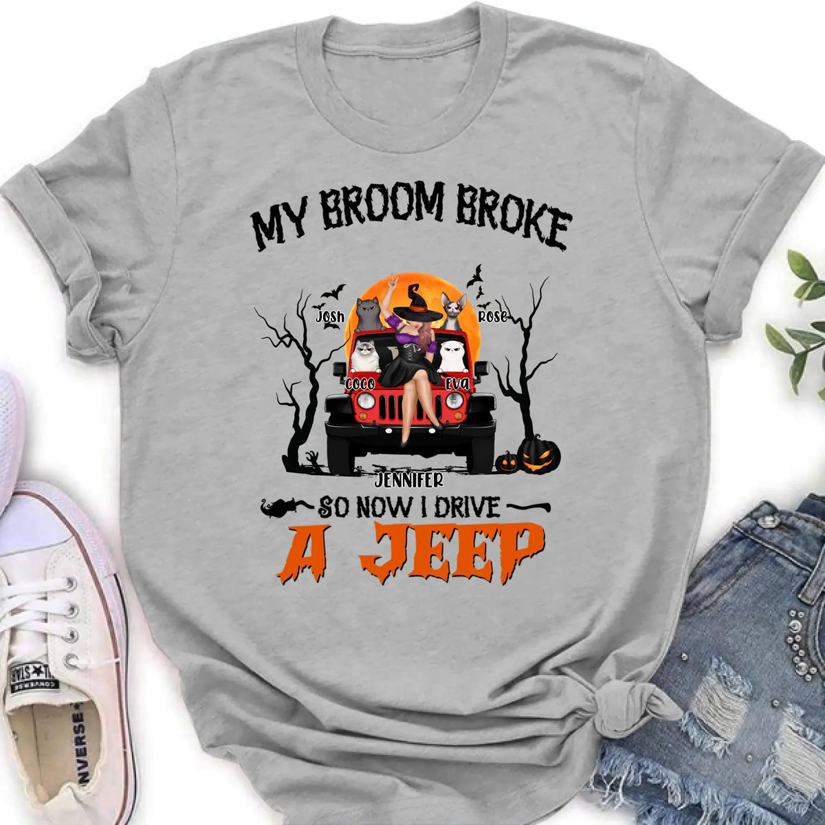 Personalized Off-road Girl Shirt - Up to 4 Cats - Halloween Gift Idea For Off-road Lovers/Cat Lovers - My Broom Broke