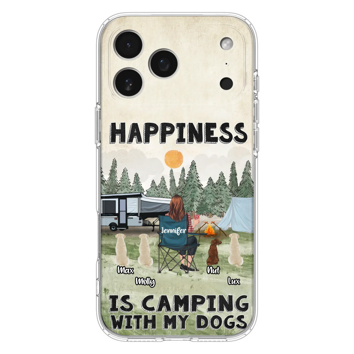 Personalized Camping Phone Case - Gift Idea For Girl & Dogs - Upto 4 Dogs - Happiness Is Camping With My Dogs - Case For iPhone/Samsung