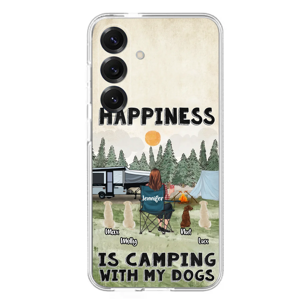 Personalized Camping Phone Case - Gift Idea For Girl & Dogs - Upto 4 Dogs - Happiness Is Camping With My Dogs - Case For iPhone/Samsung