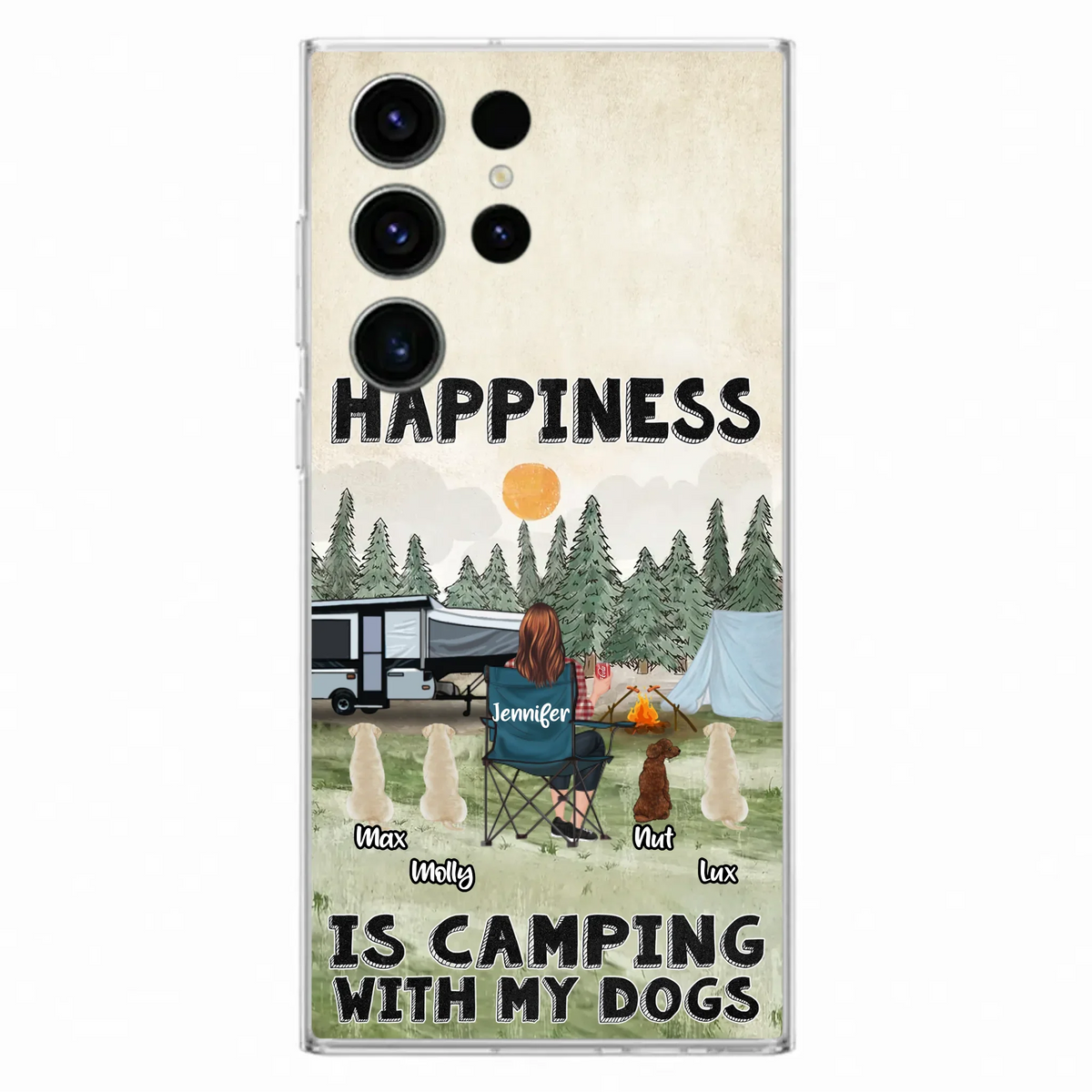Personalized Camping Phone Case - Gift Idea For Girl & Dogs - Upto 4 Dogs - Happiness Is Camping With My Dogs - Case For iPhone/Samsung