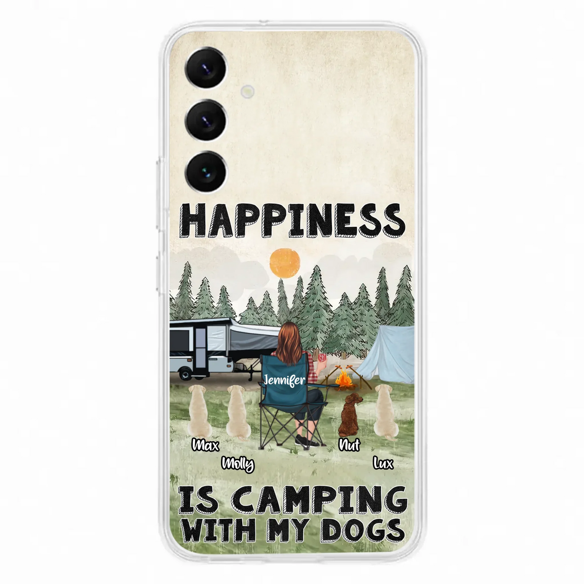 Personalized Camping Phone Case - Gift Idea For Girl & Dogs - Upto 4 Dogs - Happiness Is Camping With My Dogs - Case For iPhone/Samsung