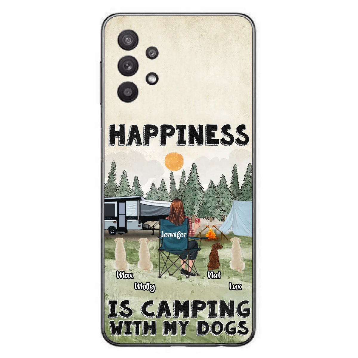 Personalized Camping Phone Case - Gift Idea For Girl & Dogs - Upto 4 Dogs - Happiness Is Camping With My Dogs - Case For iPhone/Samsung