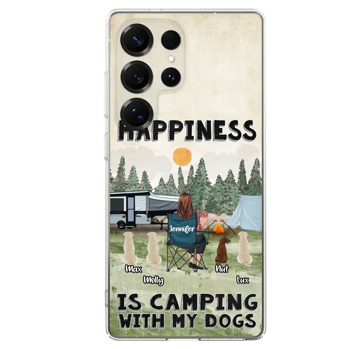 Personalized Camping Phone Case - Gift Idea For Girl & Dogs - Upto 4 Dogs - Happiness Is Camping With My Dogs - Case For iPhone/Samsung