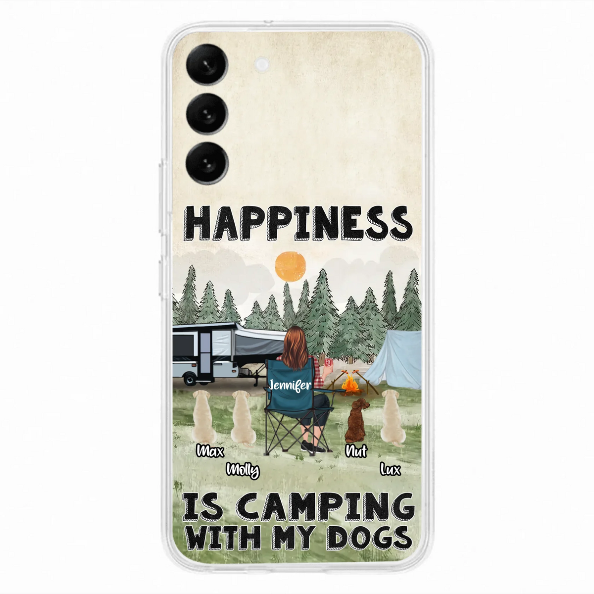 Personalized Camping Phone Case - Gift Idea For Girl & Dogs - Upto 4 Dogs - Happiness Is Camping With My Dogs - Case For iPhone/Samsung