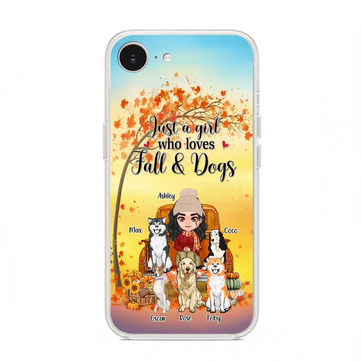Custom Personalized Dog Mom Fall Season Phone Case - Autumn Gift Idea For Dog Owners - Upto 5 Dogs -  Case For iPhone/Samsung - Just A Girl Who Loves Fall & Dogs