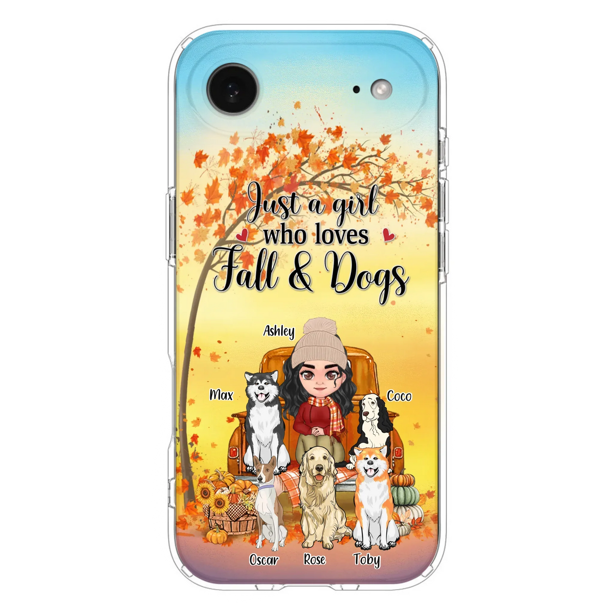 Custom Personalized Dog Mom Fall Season Phone Case - Autumn Gift Idea For Dog Owners - Upto 5 Dogs -  Case For iPhone/Samsung - Just A Girl Who Loves Fall & Dogs