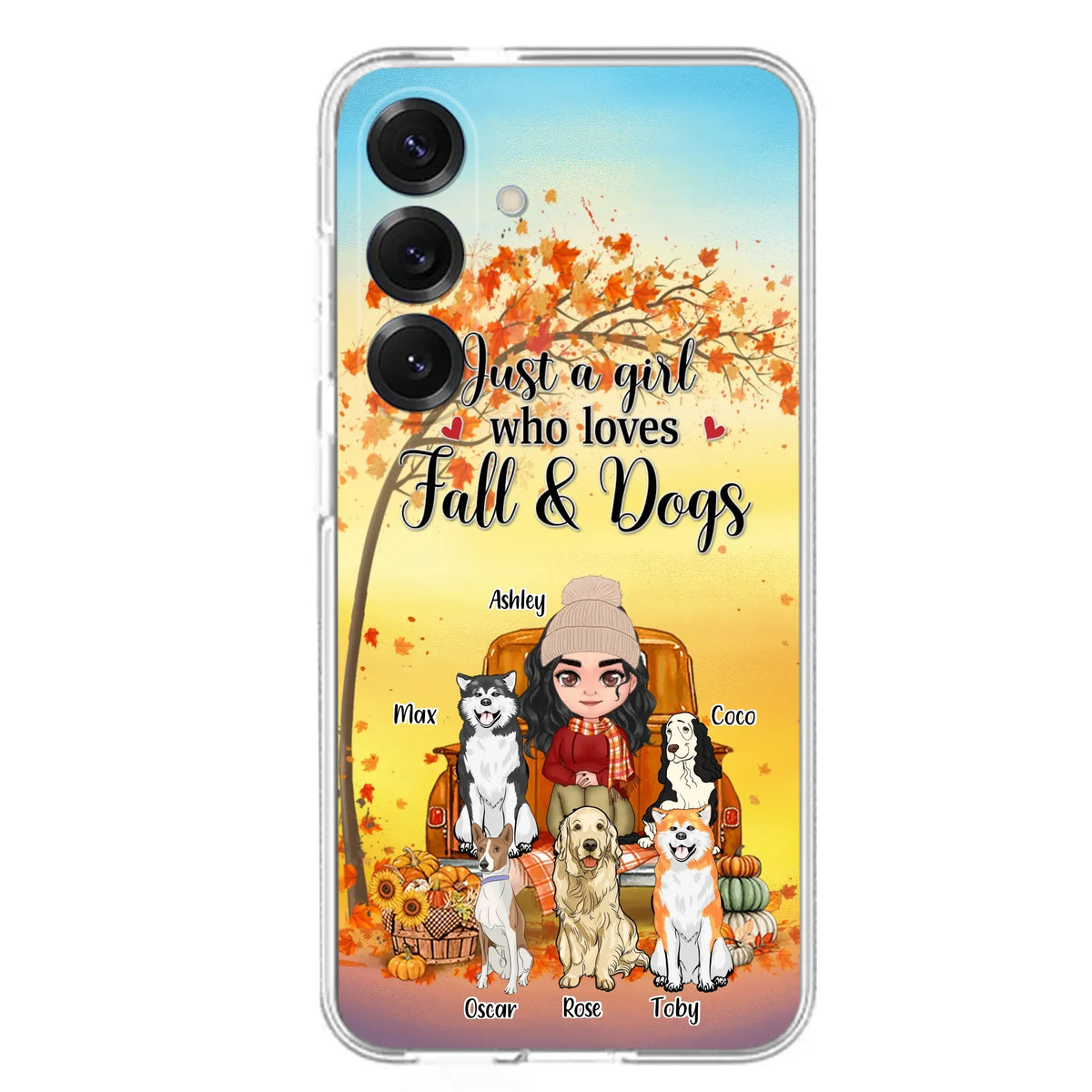 Custom Personalized Dog Mom Fall Season Phone Case - Autumn Gift Idea For Dog Owners - Upto 5 Dogs -  Case For iPhone/Samsung - Just A Girl Who Loves Fall & Dogs