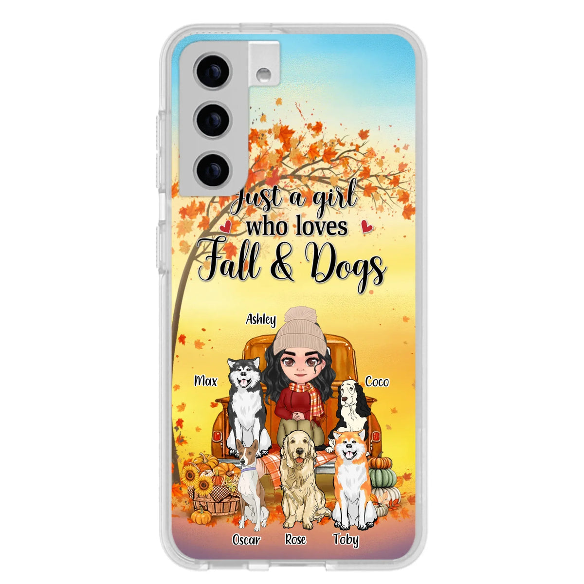 Custom Personalized Dog Mom Fall Season Phone Case - Autumn Gift Idea For Dog Owners - Upto 5 Dogs -  Case For iPhone/Samsung - Just A Girl Who Loves Fall & Dogs