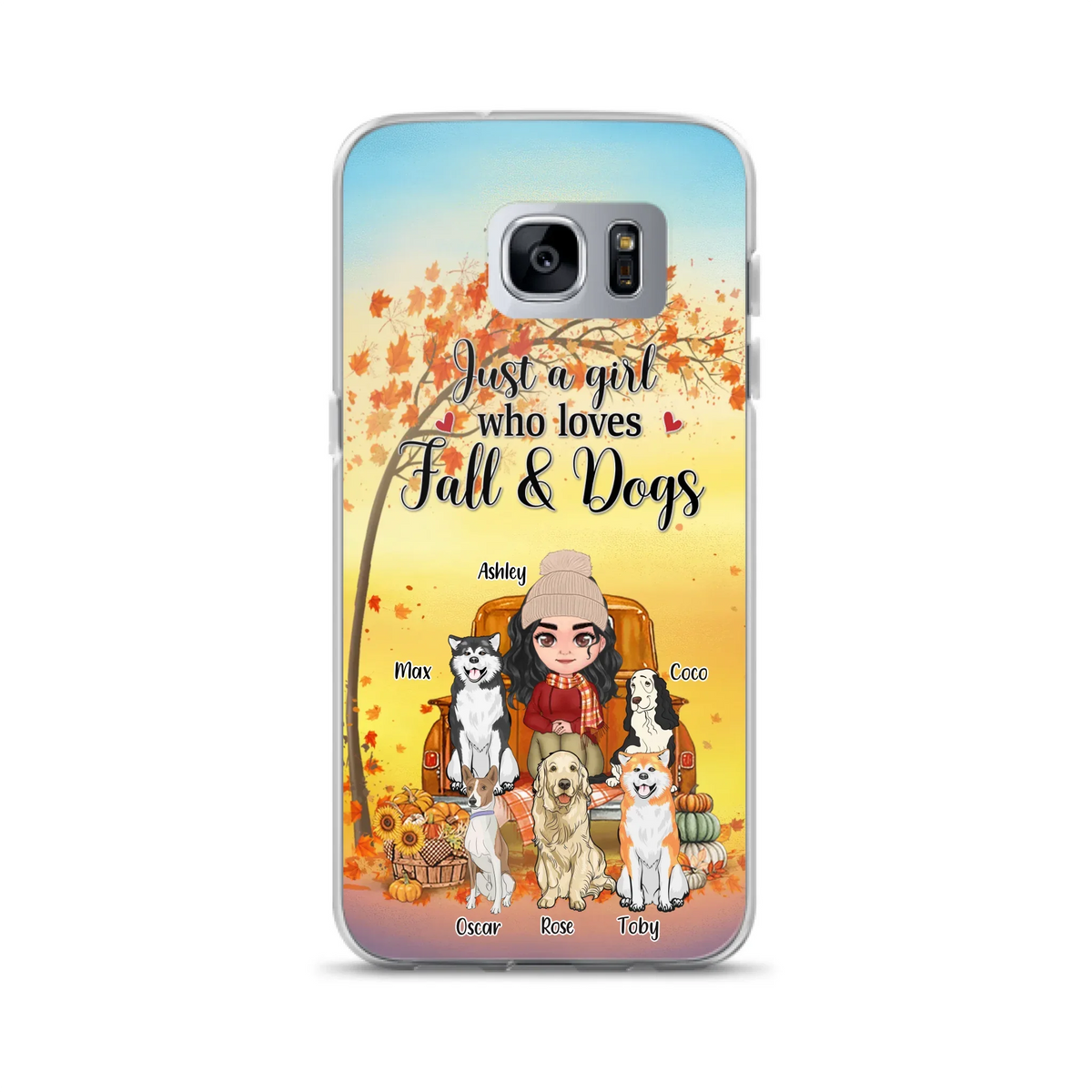 Custom Personalized Dog Mom Fall Season Phone Case - Autumn Gift Idea For Dog Owners - Upto 5 Dogs -  Case For iPhone/Samsung - Just A Girl Who Loves Fall & Dogs