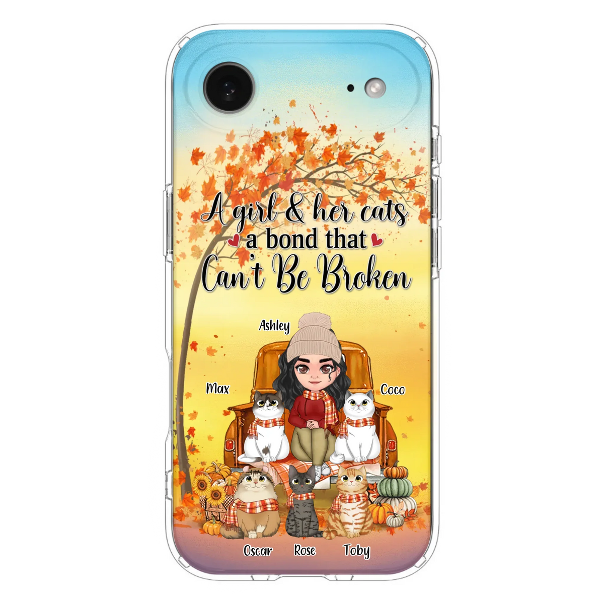 Custom Personalized Cat Mom Fall Season Phone Case - Gift Idea For Cat Owners - Upto 5 Cats -  Case For iPhone/Samsung - A Girl & Her Cats A Bond That Can't Be Broken