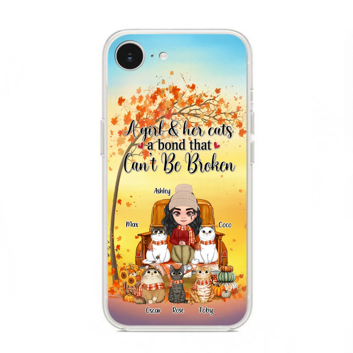 Custom Personalized Cat Mom Fall Season Phone Case - Gift Idea For Cat Owners - Upto 5 Cats -  Case For iPhone/Samsung - A Girl & Her Cats A Bond That Can't Be Broken
