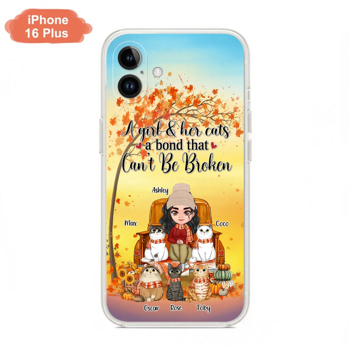 Custom Personalized Cat Mom Fall Season Phone Case - Gift Idea For Cat Owners - Upto 5 Cats -  Case For iPhone/Samsung - A Girl & Her Cats A Bond That Can't Be Broken